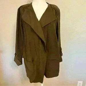 Nine West medium army green utility jacket coat draped front zip roll tab sleeve